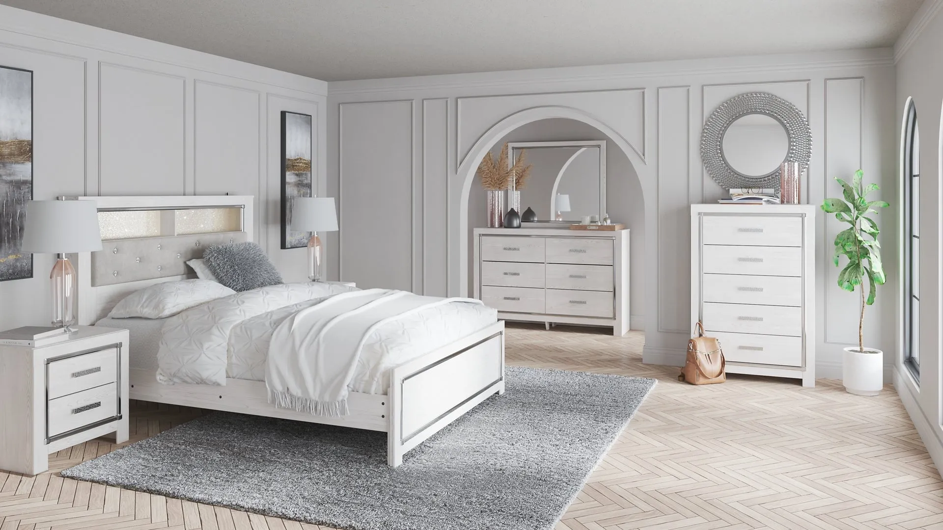 Altyra Queen Bookcase Headboard with Mirrored Dresser and 2 Nightstands