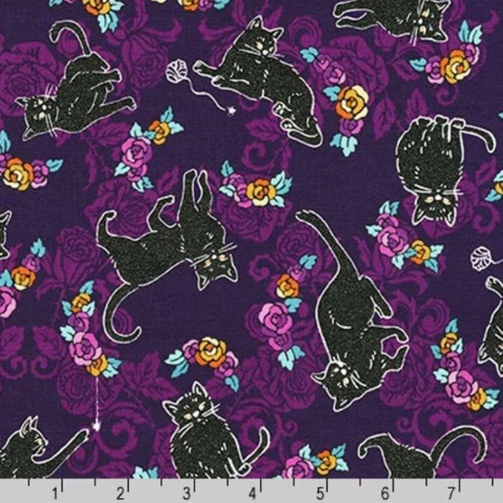 Black Cat Fabric on Purple, Glitter Fabric