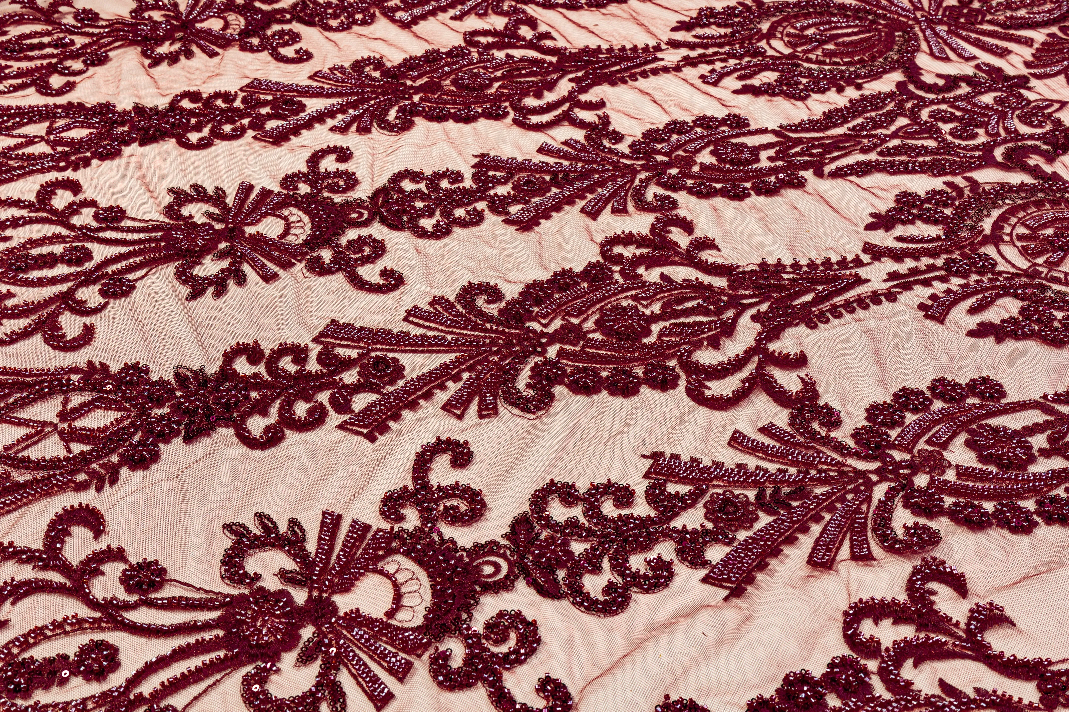 Damask Beaded and Embroidered Tulle - Burgundy