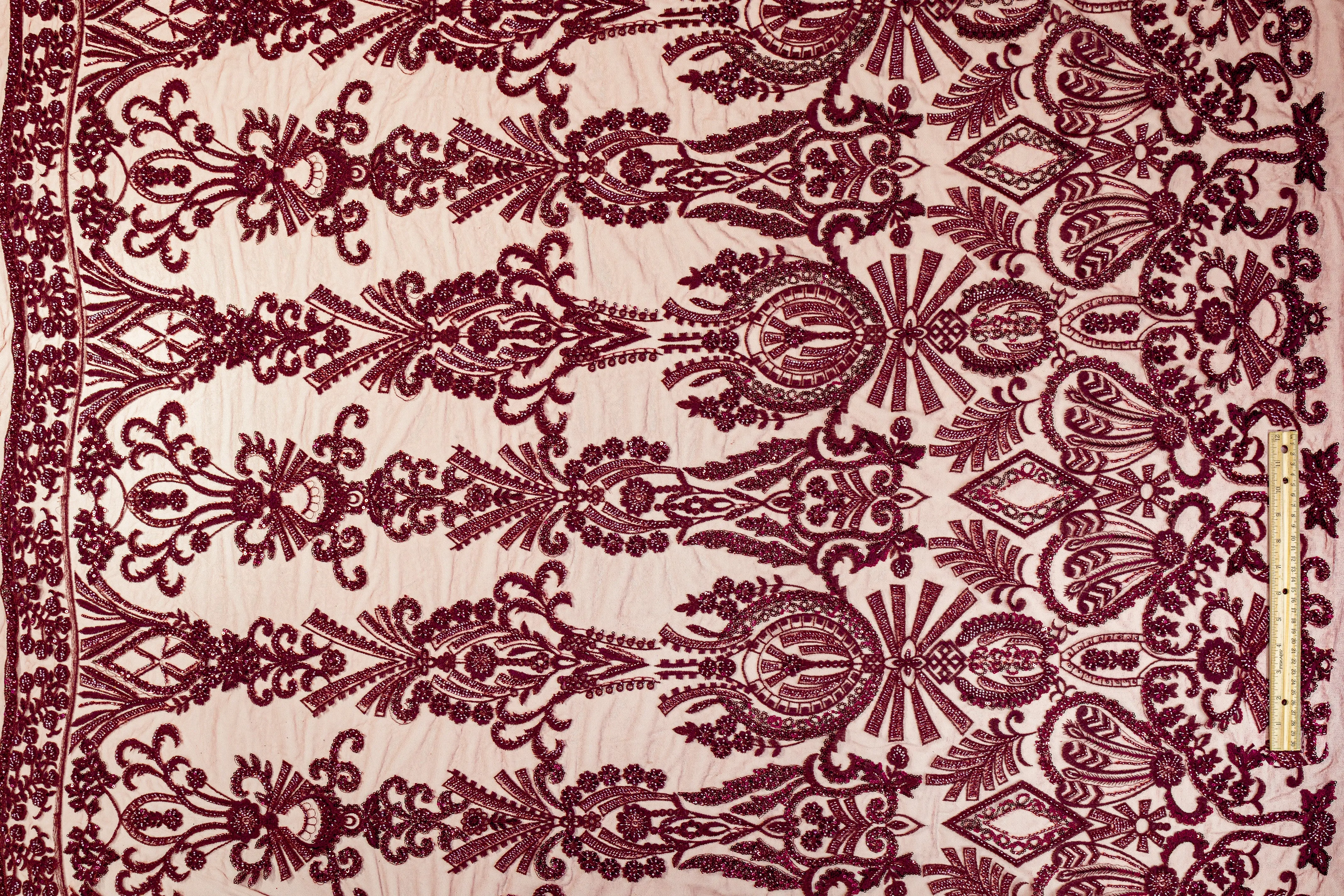 Damask Beaded and Embroidered Tulle - Burgundy