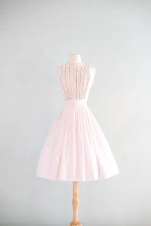 Darling 1950's Pale Pink Rose & Lace Pin-tuck Cotton Dress / XS