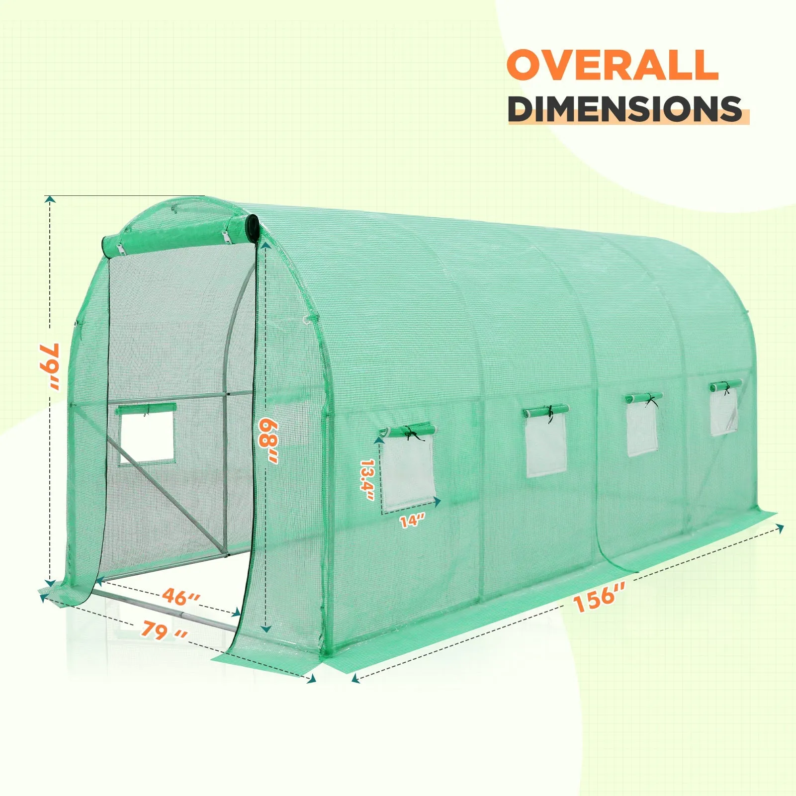 EAGLE PEAK Tunnel Greenhouse Garden Green House with Zippered Door and 8 Roll-up Side Windows, 13'x7'x7