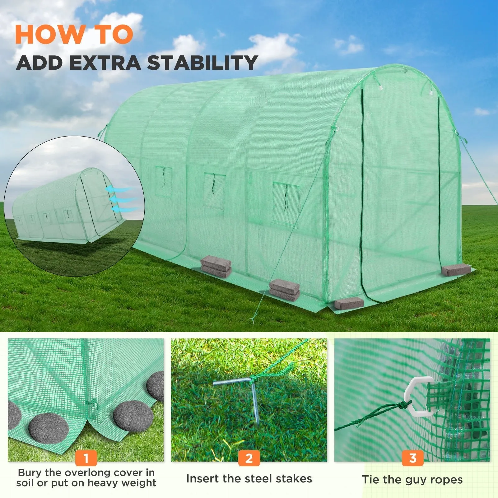 EAGLE PEAK Tunnel Greenhouse Garden Green House with Zippered Door and 8 Roll-up Side Windows, 13'x7'x7