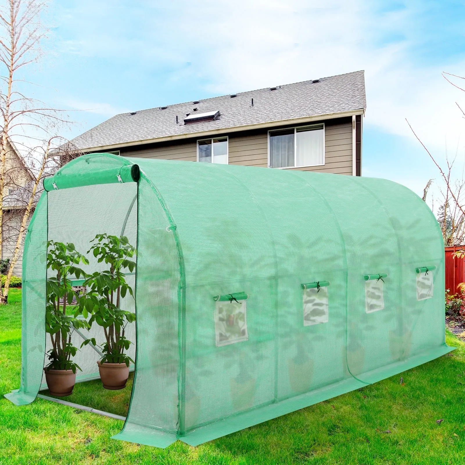 EAGLE PEAK Tunnel Greenhouse Garden Green House with Zippered Door and 8 Roll-up Side Windows, 13'x7'x7