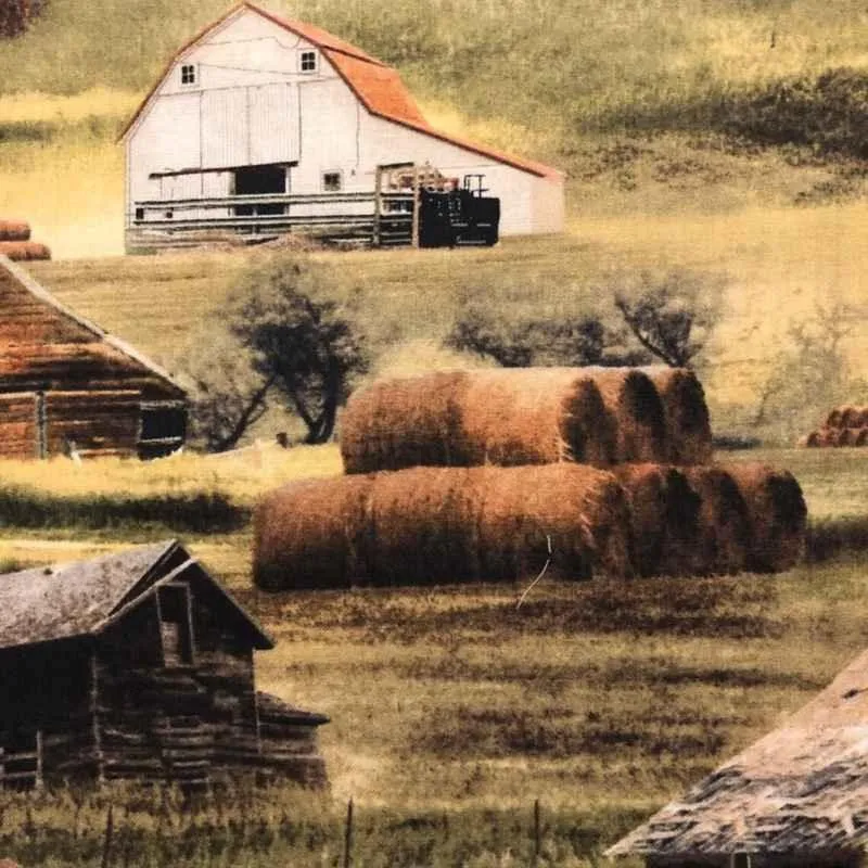 Farm Buildings and Rolls of Hay on Greener Pastures