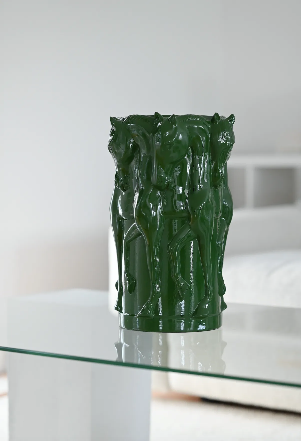 GLAZED GREEN CERAMIC VASE DANCING HORSES