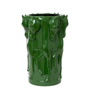 GLAZED GREEN CERAMIC VASE DANCING HORSES