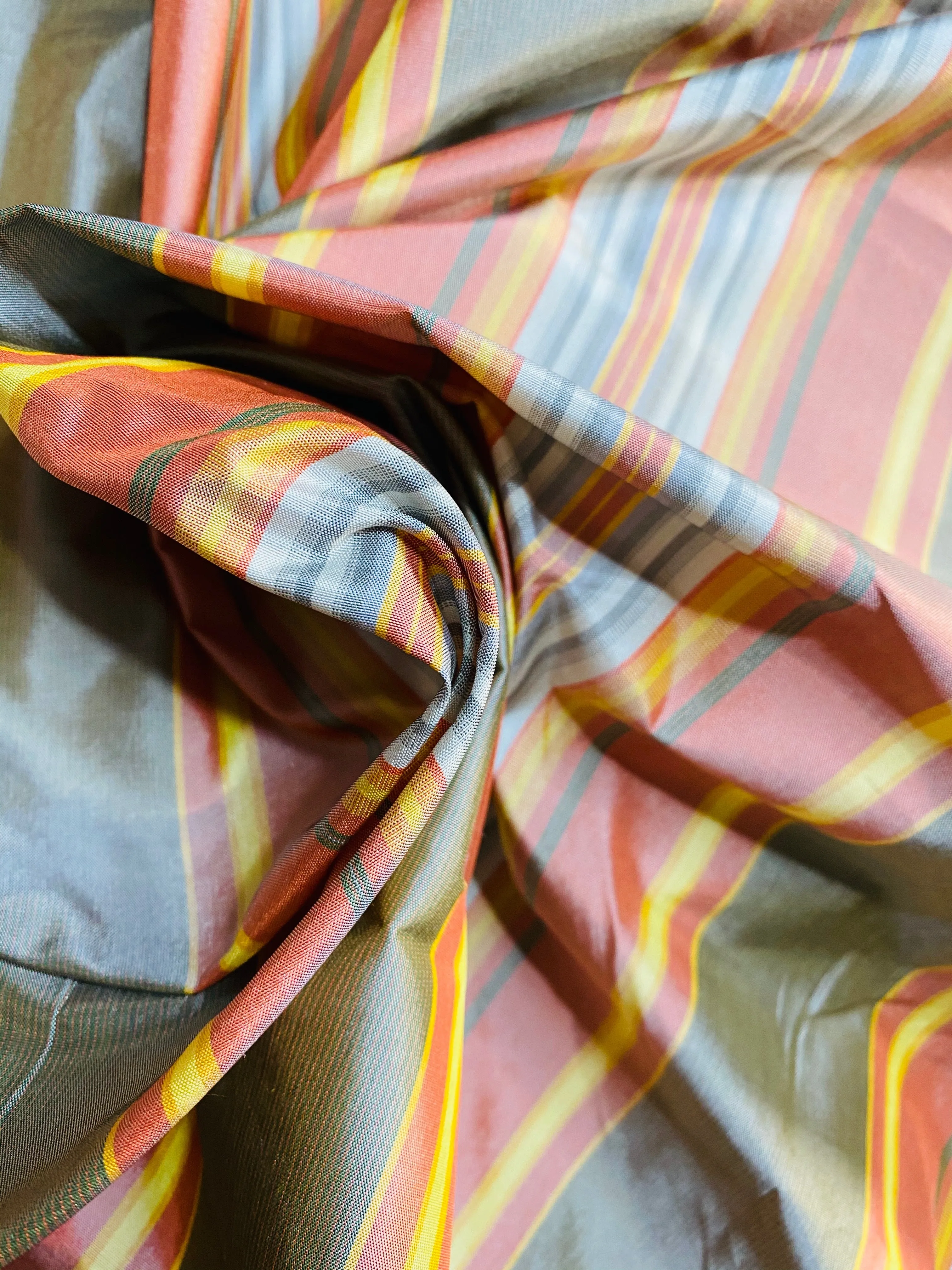 NEW Lady Karen 100% Silk Taffeta Colorful Stripes Fabric - Frosty Gray, Red, Yellow