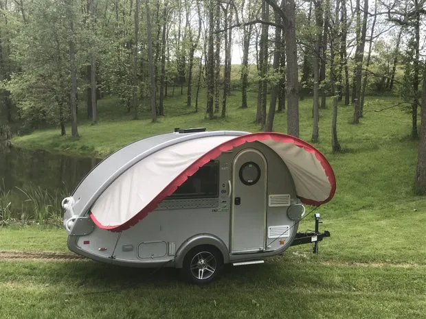 Nucamp T@B 320 Teardrop Trailer Visor Silver/Sunset Red Trim