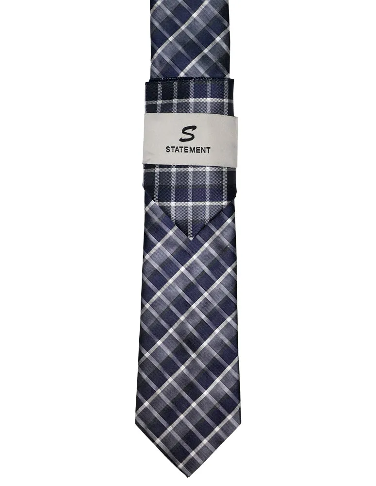 STEEL BLUE PLAID 2 PC TIE & HANKIE SET