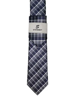 STEEL BLUE PLAID 2 PC TIE & HANKIE SET