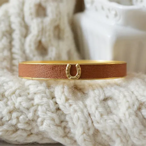 Tan Leather Horseshoe Bangle Bracelet