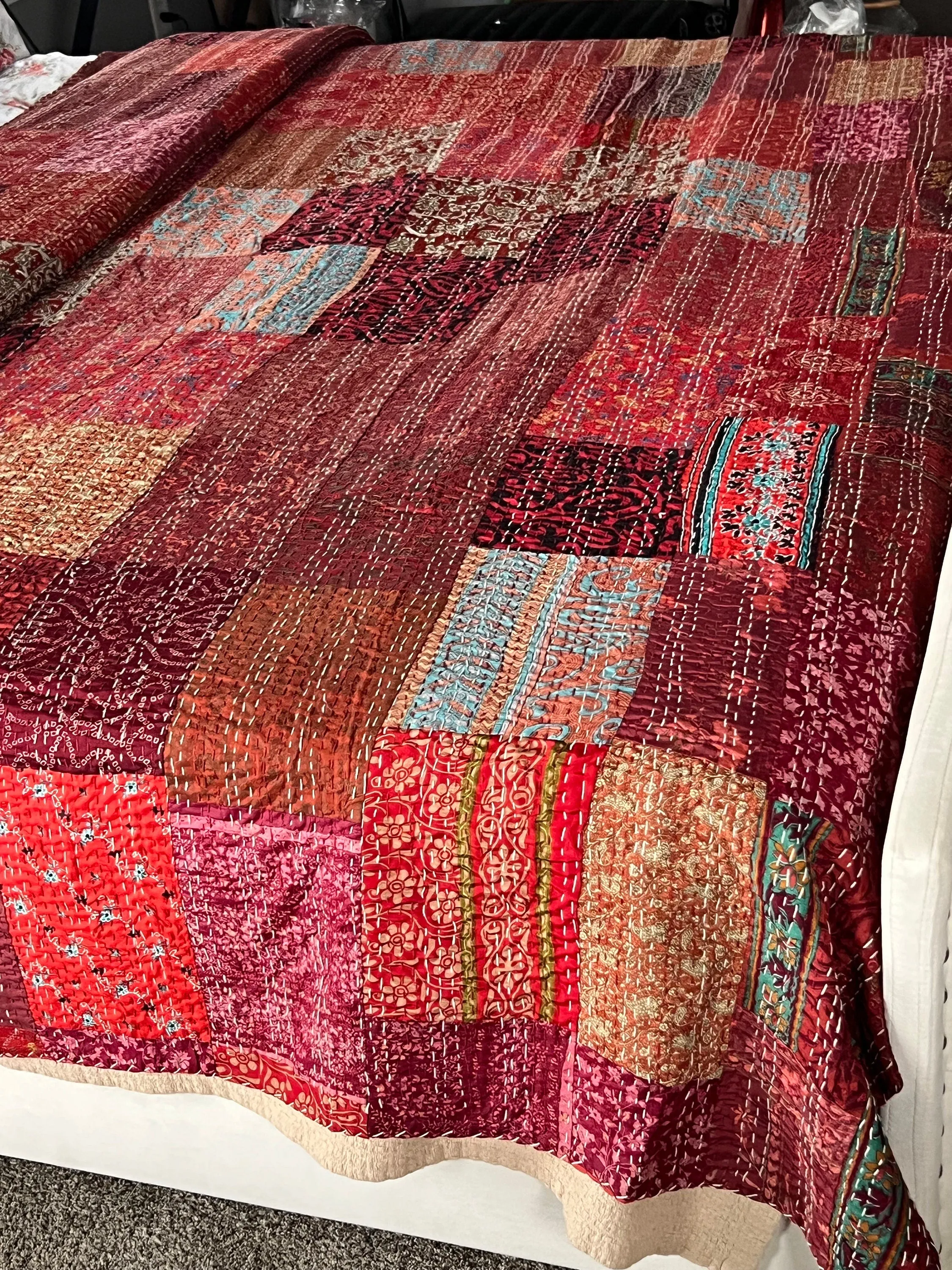 Vintage Kantha quilt In SILK, Plus Handmade Quilt for sale, Throw quilt, ready to ship, Handmade gift for home